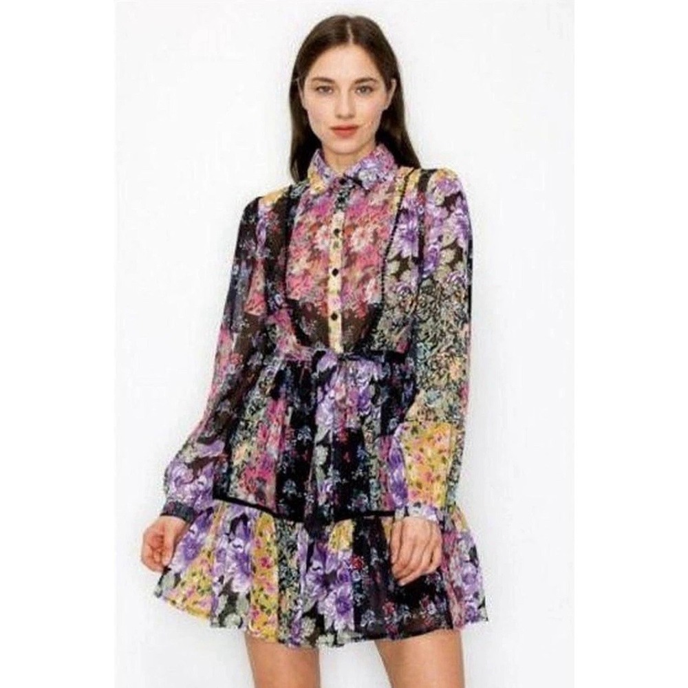 Zara Dress Womens L Multicolor Floral Collared Long Sleeve Belted Ruffle Mini